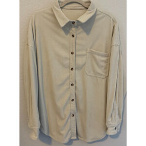Beige Corduroy Button Up Shirt Women’s Large Soft Ribbed Oversized Shacket Top